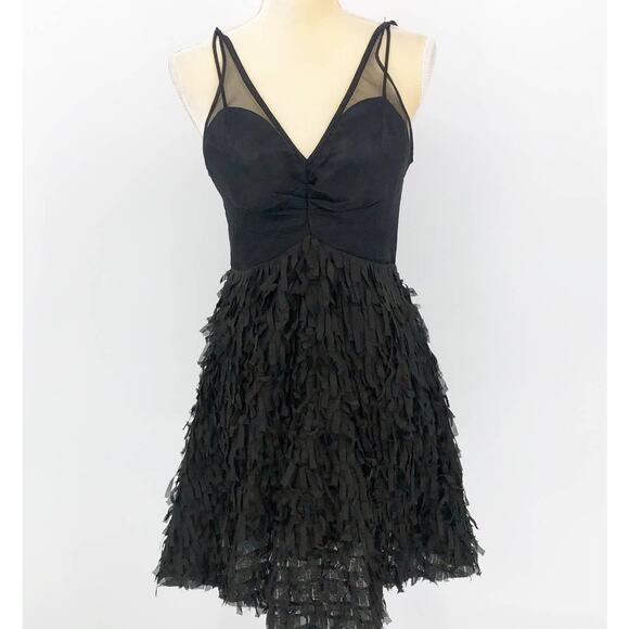 EVA FRANCO Anthro Mandy Mini Dress 4 Black Vulture Fringe Mesh V Neck NWT - Picture 1 of 10